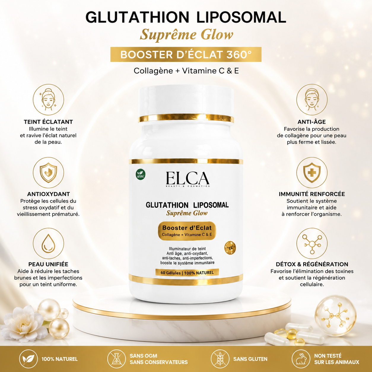 GLUTATHION- SUPREME GLOW - 60 Gélules de qualité premium pour une efficacité ultime.