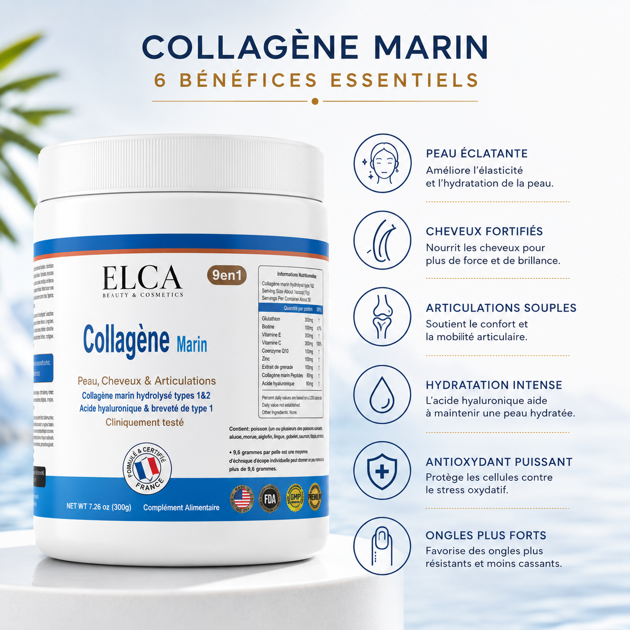 Peptide de Collagène Marin type I et III + Vitamine C + Acide Hyaluronique - 9 en 1.