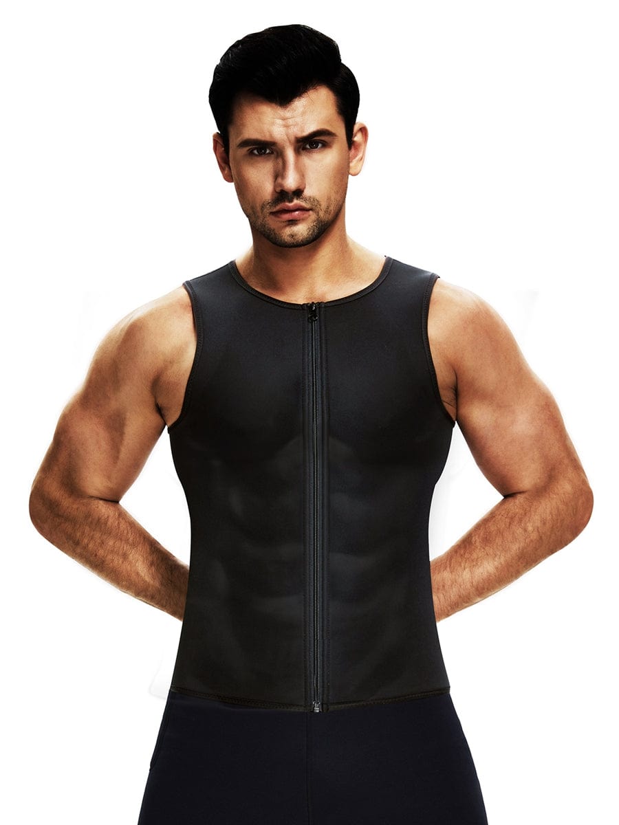 Black Men's Neoprene Slimming Vest With Zipper Tummy Control